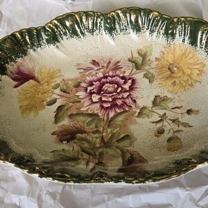 Barkers & Kent Chrysanthemum Floral Scalloped Bowl Green Gold Victorian Antique
